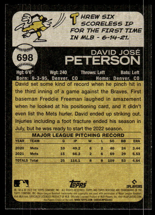 David Peterson 2022 Topps Heritage High Base Back of Card