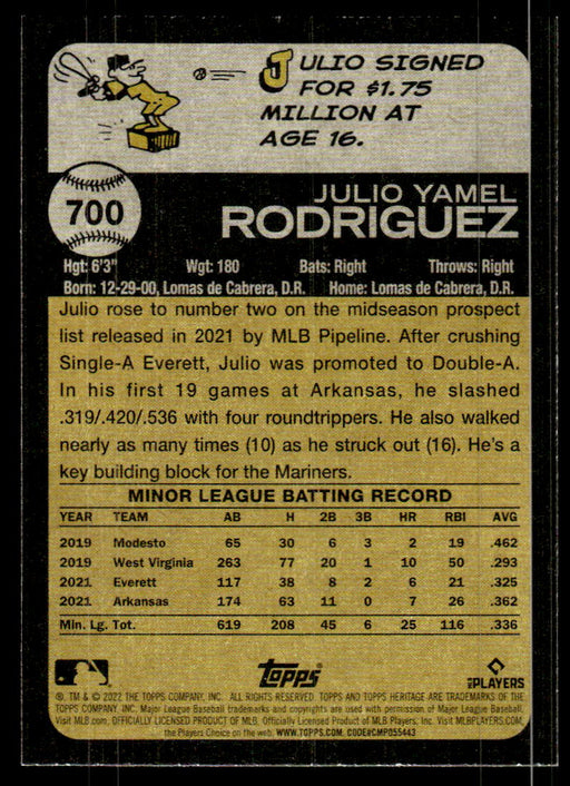 Julio Rodriguez 2022 Topps Heritage High Base Back of Card