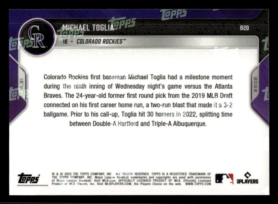 Michael Toglia 2022 Topps Now Base Back of Card