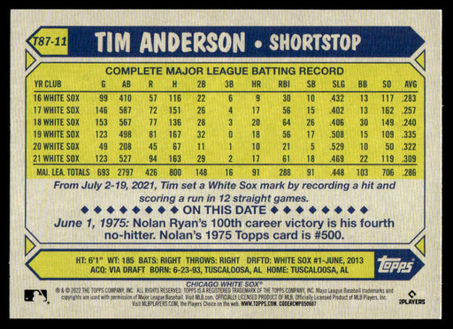 Tim Anderson 2022 Topps Series 1 1987 Topps Back of Card