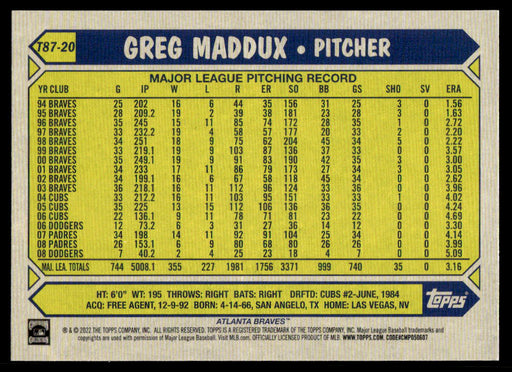 Greg Maddux 2022 Topps Series 1 1987 Topps Back of Card