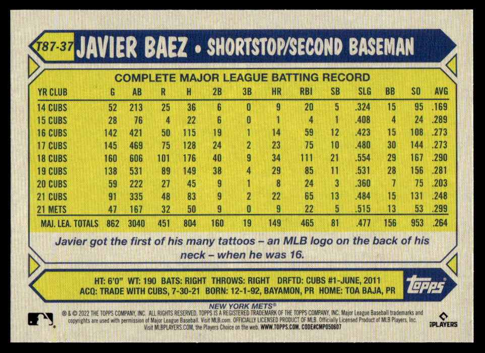 Javier Baez 2022 Topps Series 1 1987 Topps Back of Card