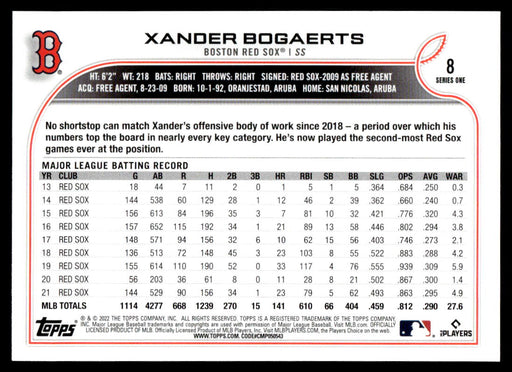 Xander Bogaerts 2022 Topps Series 1 Blue Back of Card