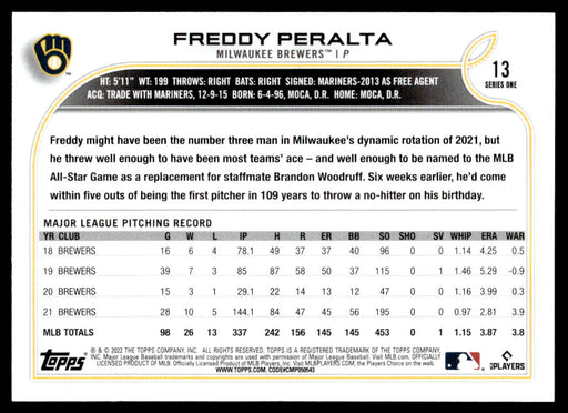 Freddy Peralta 2022 Topps Series 1 Blue Back of Card