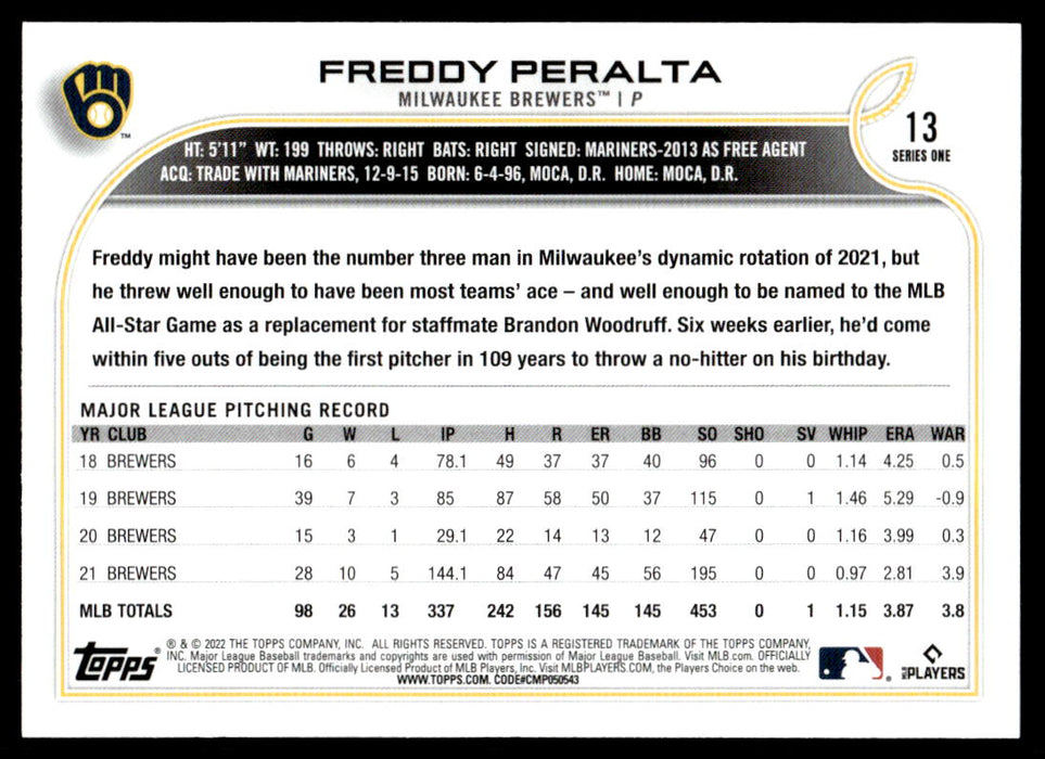 Freddy Peralta 2022 Topps Series 1 Blue Back of Card