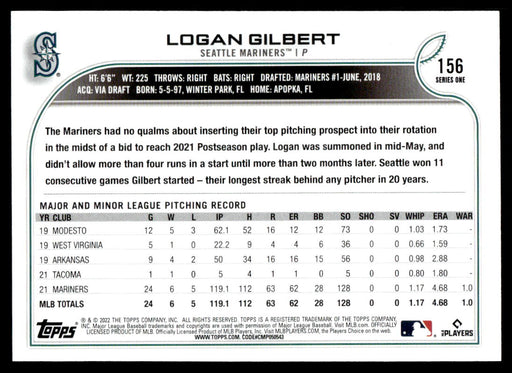 Logan Gilbert 2022 Topps Series 1 Blue Back of Card