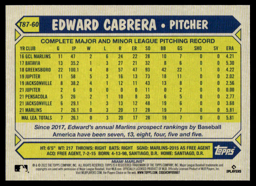 Edward Cabrera 2022 Topps Series 1 1987 Topps Back of Card