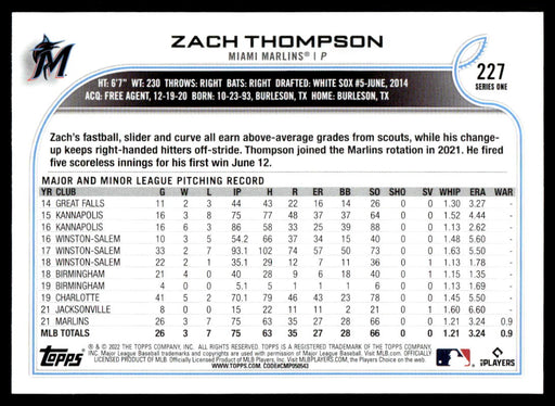 Zach Thompson 2022 Topps Series 1 Blue Back of Card