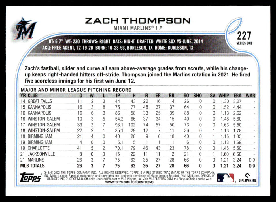 Zach Thompson 2022 Topps Series 1 Blue Back of Card