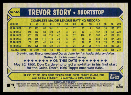 Trevor Story 2022 Topps Series 1 1987 Topps Back of Card