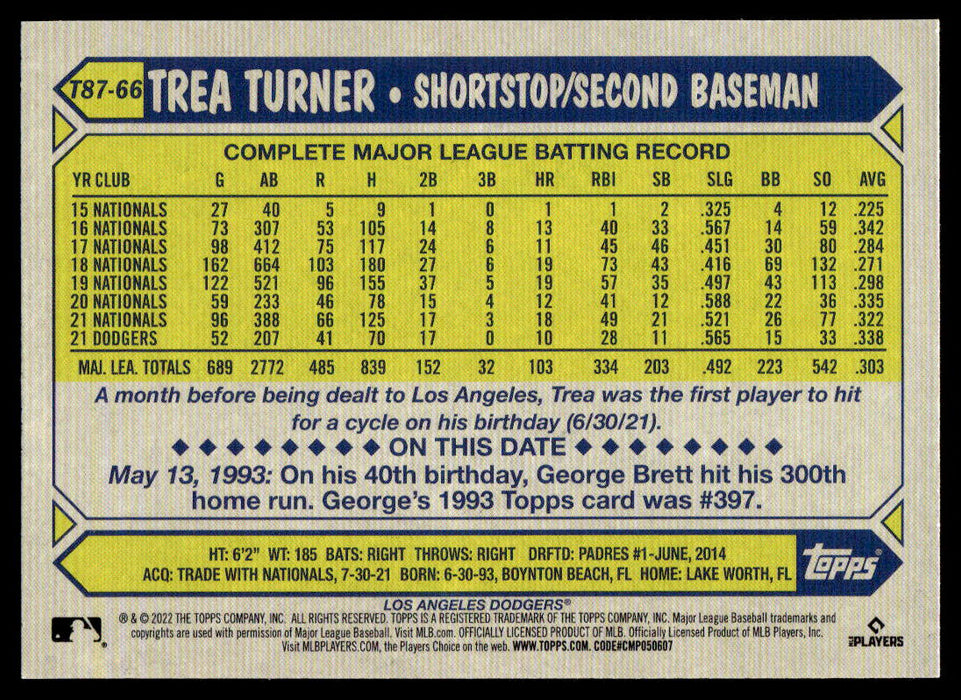 Trea Turner 2022 Topps Series 1 1987 Topps Back of Card