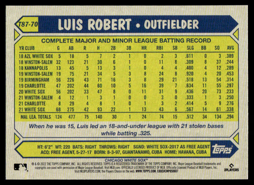 Luis Robert 2022 Topps Series 1 1987 Topps Back of Card