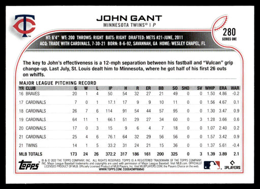 John Gant 2022 Topps Series 1 Blue Back of Card