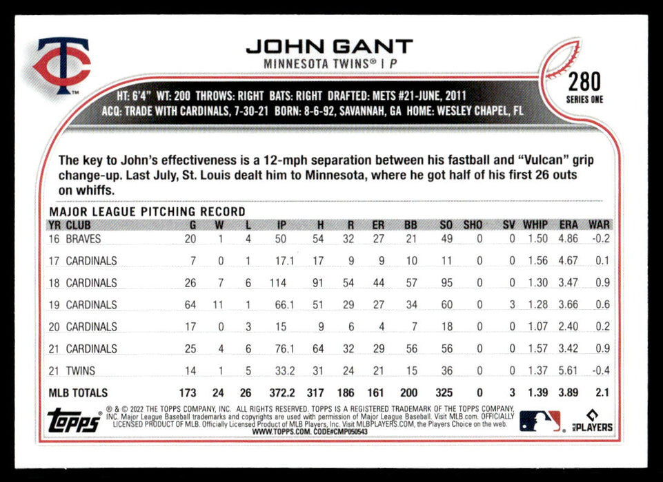 John Gant 2022 Topps Series 1 Blue Back of Card