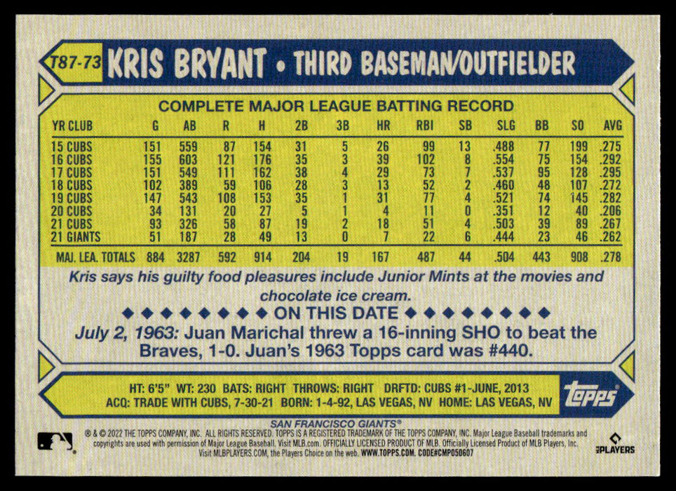 Kris Bryant 2022 Topps Series 1 1987 Topps Back of Card