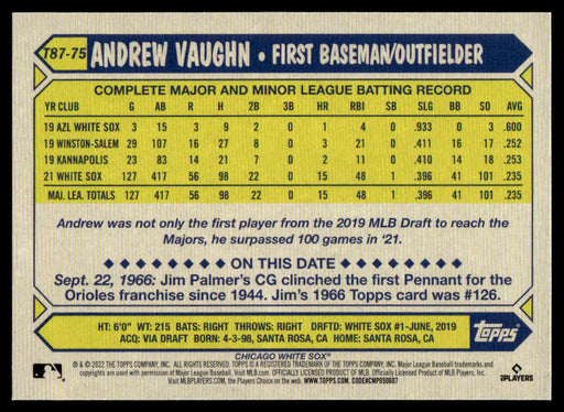 Andrew Vaughn 2022 Topps Series 1 1987 Topps Back of Card