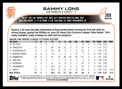 Sammy Long 2022 Topps Series 1 Blue Back of Card