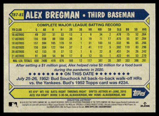 Alex Bregman 2022 Topps Series 1 1987 Topps Back of Card