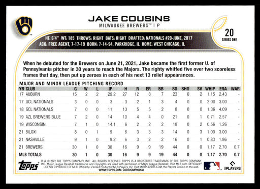 Jake Cousins 2022 Topps Series 1 Rainbow Foil Back of Card