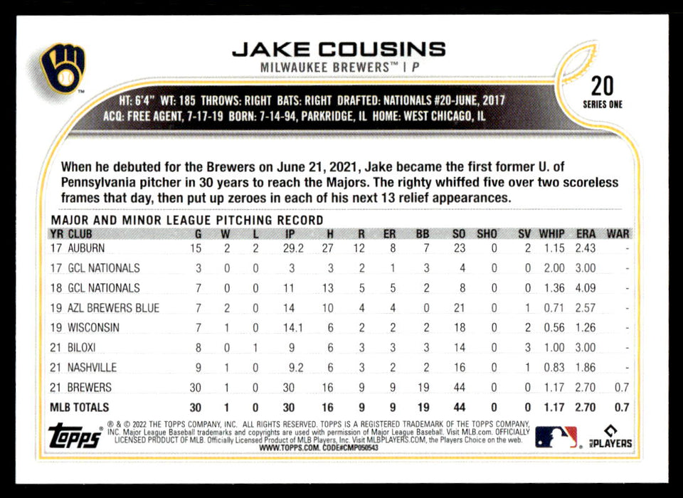 Jake Cousins 2022 Topps Series 1 Rainbow Foil Back of Card