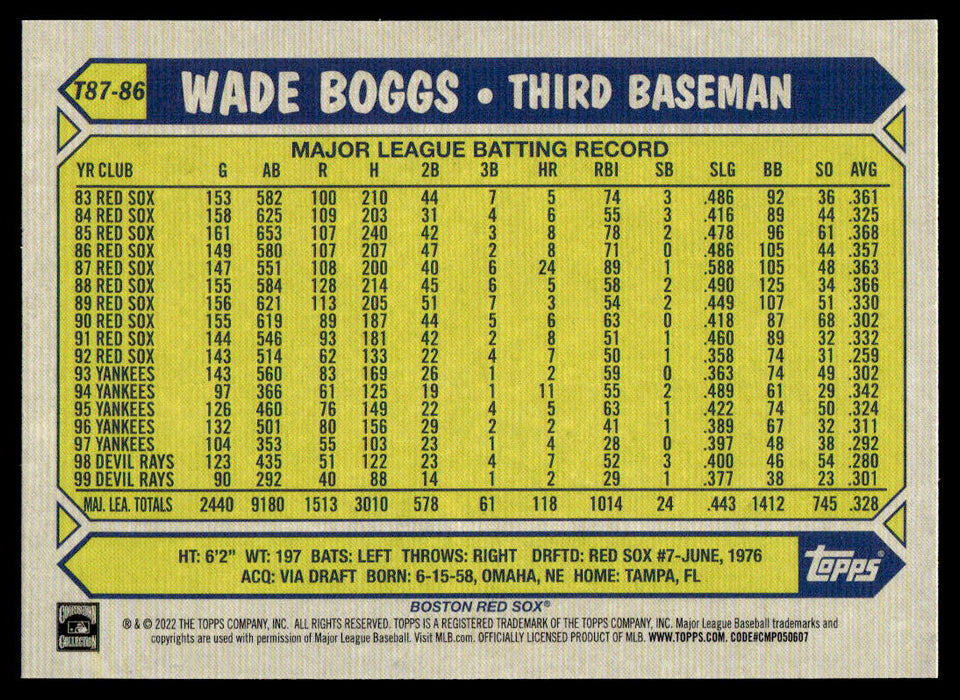 2022 Topps Wade Boggs T87-86 Boston Red Sox