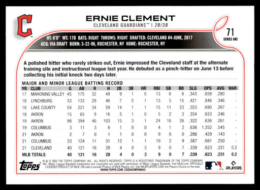 Ernie Clement 2022 Topps Series 1 Rainbow Foil Back of Card