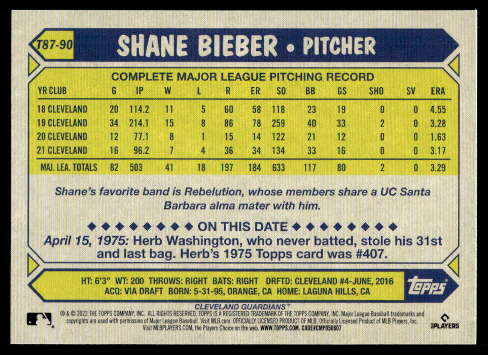 Shane Bieber 2022 Topps Series 1 1987 Topps Back of Card