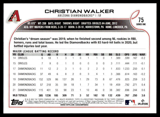 Christian Walker 2022 Topps Series 1 Rainbow Foil Back of Card