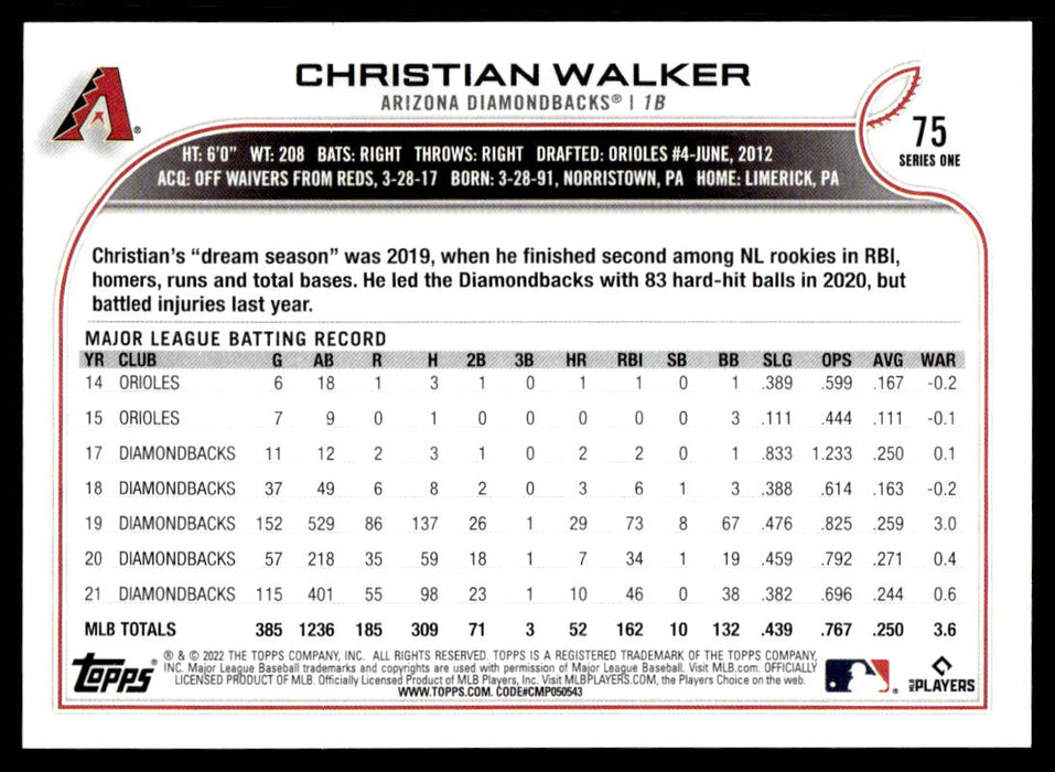 Christian Walker 2022 Topps Series 1 Rainbow Foil Back of Card