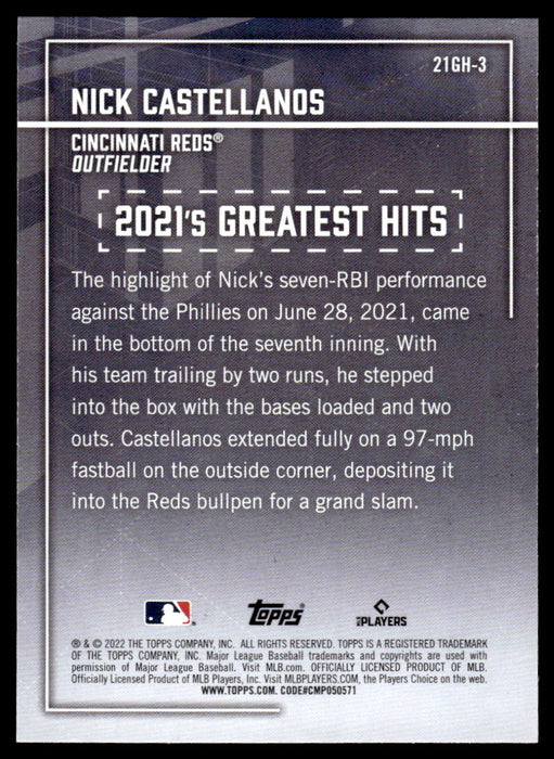 Nick Castellanos 2022 Topps Series 1 Greatest Hits Back of Card