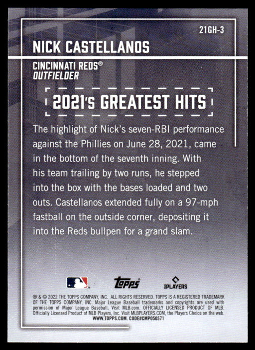 Nick Castellanos 2022 Topps Series 1 Greatest Hits Back of Card