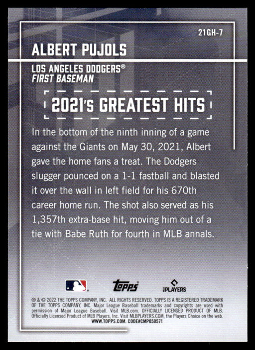 Albert Pujols 2022 Topps Series 1 Greatest Hits Back of Card