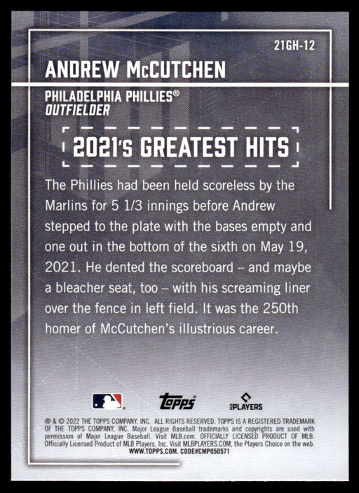 Andrew McCutchen 2022 Topps Series 1 Greatest Hits Back of Card