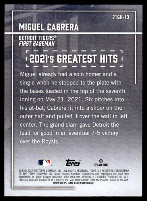 Miguel Cabrera 2022 Topps Series 1 Greatest Hits Back of Card