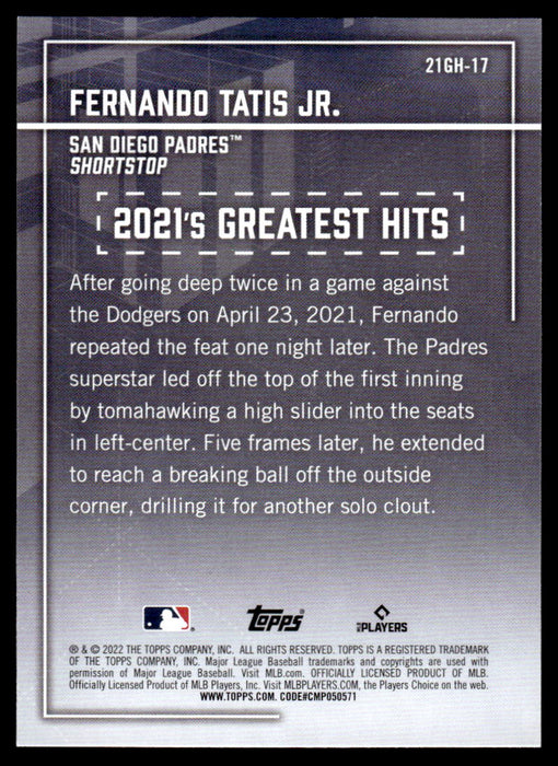 Fernando Tatis Jr. 2022 Topps Series 1 Greatest Hits Back of Card