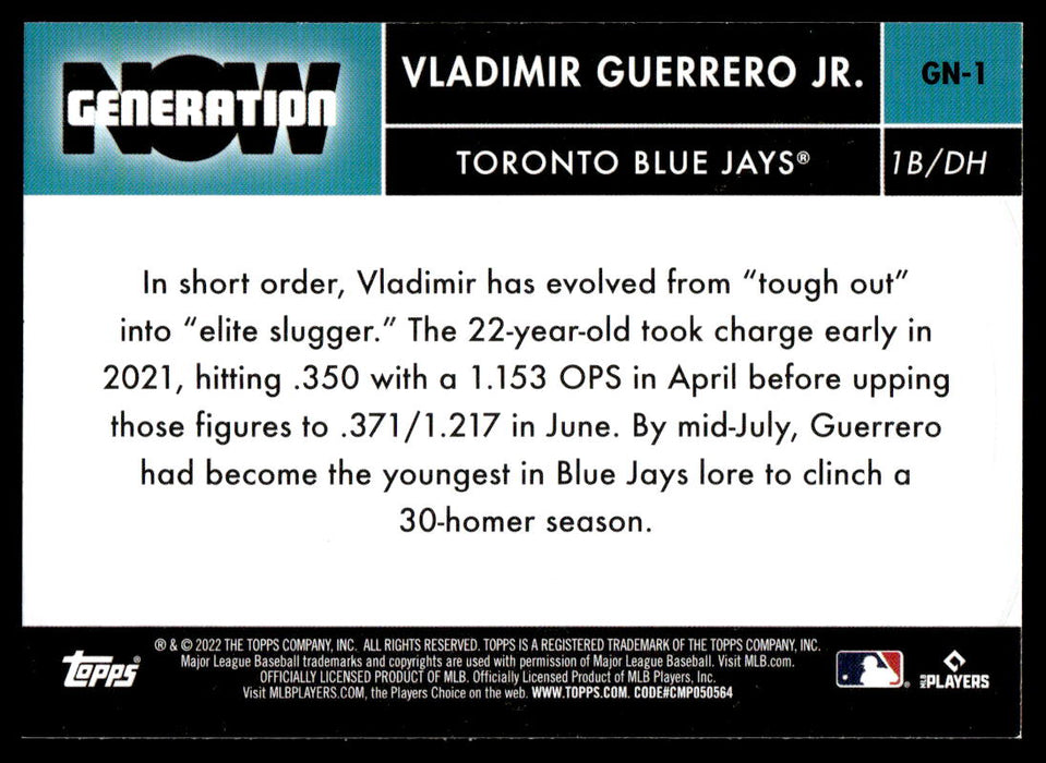 Vladimir Guerrero Jr. 2022 Topps Series 1 Generation Now Back of Card