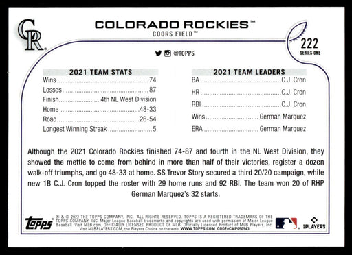 Colorado Rockies 2022 Topps Series 1 Rainbow Foil Back of Card