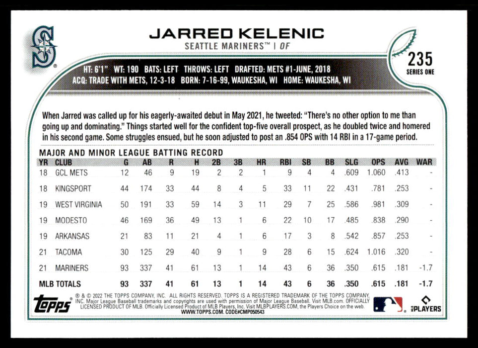 Jarred Kelenic 2022 Topps Series 1 Rainbow Foil Back of Card