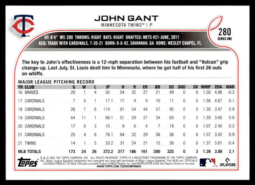 John Gant 2022 Topps Series 1 Rainbow Foil Back of Card