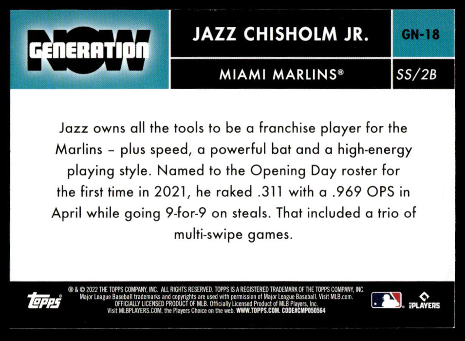 Jazz Chisholm Jr. 2022 Topps Series 1 Generation Now Back of Card