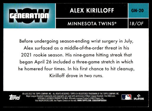 Alex Kirilloff 2022 Topps Series 1 Generation Now Back of Card