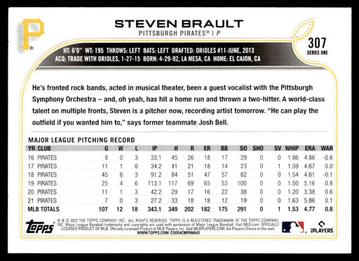 Steven Brault 2022 Topps Series 1 Rainbow Foil Back of Card