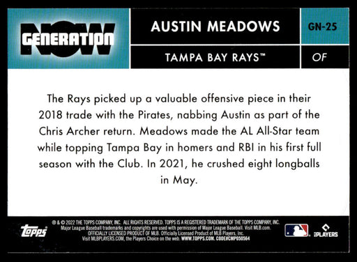 Austin Meadows 2022 Topps Series 1 Generation Now Back of Card