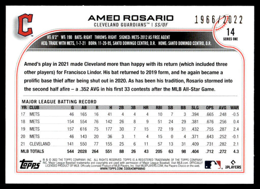 Amed Rosario 2022 Topps Series 1 Gold Back of Card