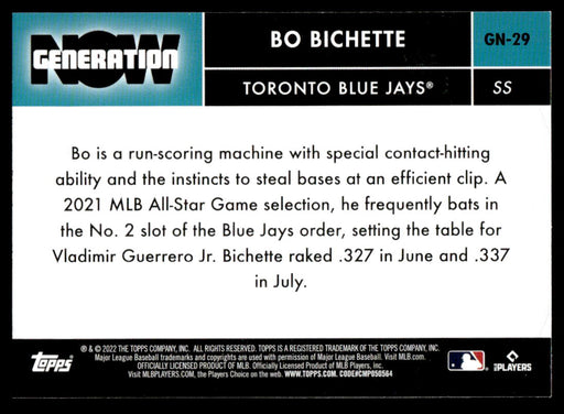 Bo Bichette 2022 Topps Series 1 Generation Now Back of Card