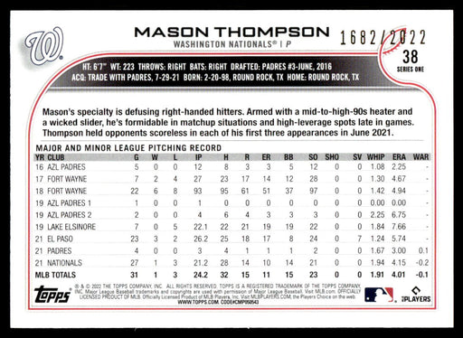 Mason Thompson 2022 Topps Series 1 Gold Back of Card