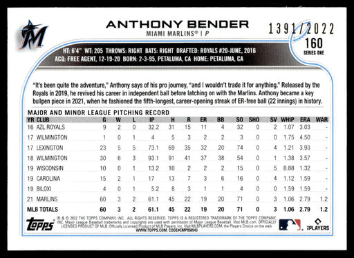 Anthony Bender 2022 Topps Series 1 Gold Back of Card