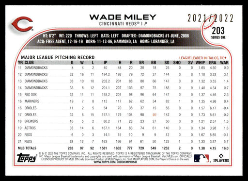 Wade Miley 2022 Topps Series 1 Gold Back of Card