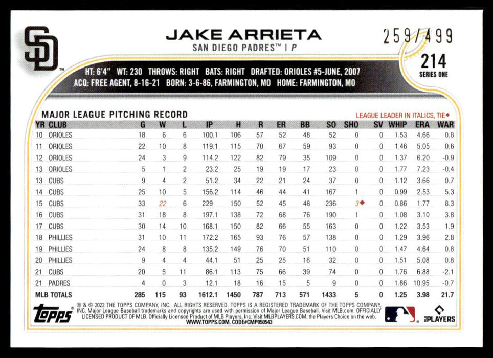 Jake Arrieta 2022 Topps Series 1 Green Foilboard Back of Card