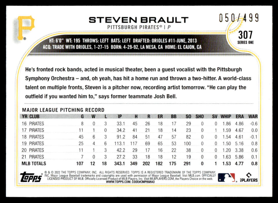 Steven Brault 2022 Topps Series 1 Green Foilboard Back of Card